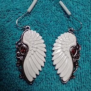 Large white red angel wing wire earrings silvertone
